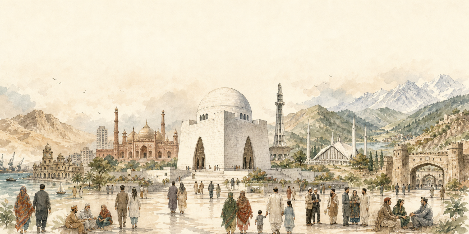 An illustrated panorama of Pakistan, with Karachi's Mazar-e-Quaid at its heart and families from diverse communities.